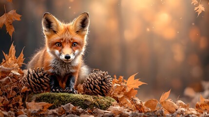 Fototapeta premium Playful red fox standing on a moss covered rock in a peaceful woodland setting surrounded by golden autumn leaves The image captures the tranquil and serene atmosphere of the natural environment