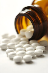 Closeup of White Pills Spilled from Amber Medicine Bottle on Clean Surface : Generative AI