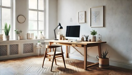 Fototapeta premium A modern Scandinavian home office featuring a minimalist wooden desk, an ergonomic chair, and natural light streaming through large windows. The space is decorated with green plants, stylish shelves, 