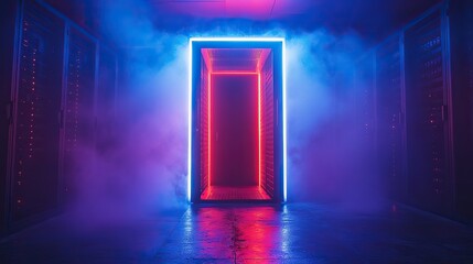 This modern server rack is illuminated in a data center, showcasing technology and innovation against a vibrant blue background that enhances its sleek design and creates a futuristic atmosphere