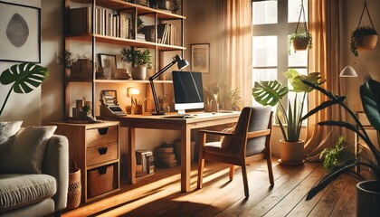 A modern Scandinavian home office featuring a minimalist wooden desk, an ergonomic chair, and natural light streaming through large windows. The space is decorated with green plants, stylish shelves, 