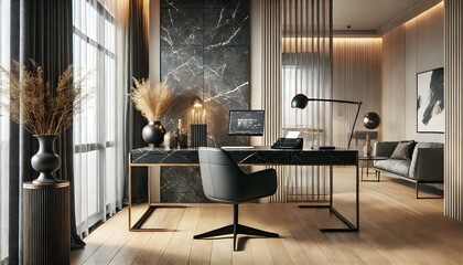 A modern Scandinavian home office featuring a minimalist wooden desk, an ergonomic chair, and natural light streaming through large windows. The space is decorated with green plants, stylish shelves, 