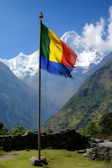 Colorful Tibetan Prayer Flag with Majestic Himalayan Mountain Backdrop : Generative AI