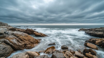 Coastal Rocks, Grey Sky, Ocean Waves