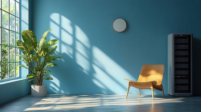 This modern server rack stands against a vibrant blue wall and is accompanied by a simple wooden chair, creating a striking contrast in a tech-inspired environment