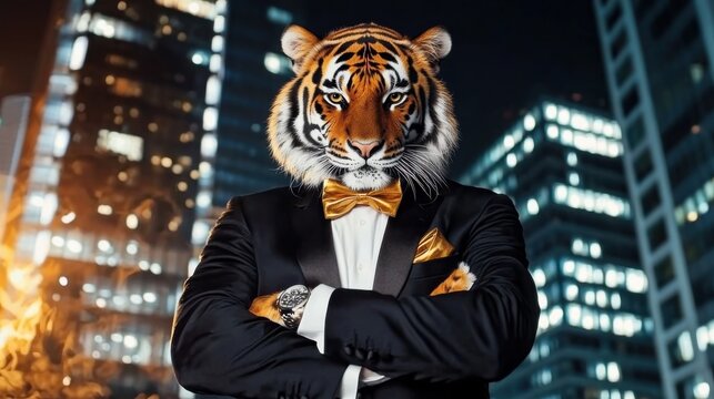 Fierce Tiger Businessman Stands Tall in the Urban Jungle
