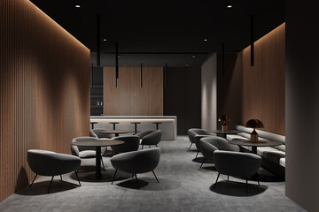 Modern lounge interior with elegant furniture and warm lighting. 3D Rendering