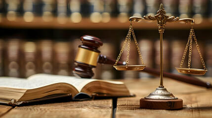 A gavel and scales of justice resting on a wooden table with law books in the background