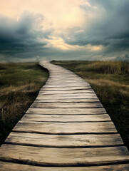 Fototapeta premium Serene Wooden Pathway Leading through Quiet Grasslands under Cloudy Skies : Generative AI