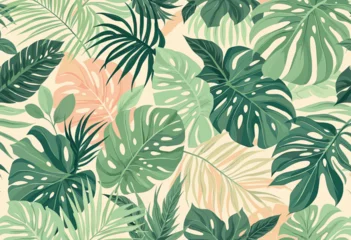 Fotobehang Tropische Bladeren various tropical leaves in shades of green, pink, and white, arranged in a visually appealing and harmonious manner.  © VisualPro