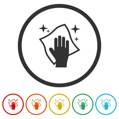 Hand holding a cloth wiping a surface icon. Set icons in color circle buttons