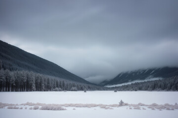 Fototapeta premium wild winter nature, snow-capped mountains and forest, dramatic cloudy sky, harsh northern landscape