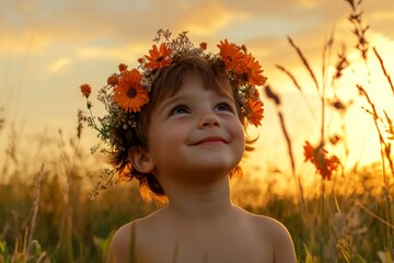 Happy holiday season holidays creative. Happy caucasian toddler boy with brown hair wearing orange flower circlet on his head. Golden hour in sunset. Nature-loving child in the sun.
