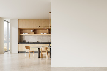 Modern kitchen interior with blank wall for mockup. 3D Rendering