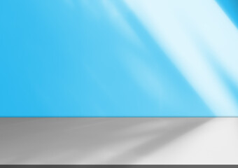 Blue background wall shadow line on stage podium presentation product summer or winter, surface floor frame backdrop loft cement table grey white studio room overlay wallpaper abstract mockup.