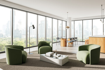 Modern interior with green armchairs and cityscape view through large windows. 3D Rendering