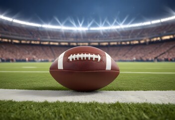 A American football on a grassy field in a large stadium with blurred lights and spectators in the background