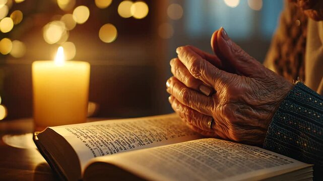 Elderly Woman in Prayer with Bible in Serene Atmosphere