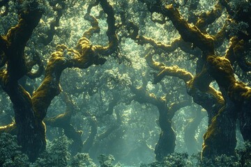 Fototapeta premium Golden Light Filtering Through Magical Forest