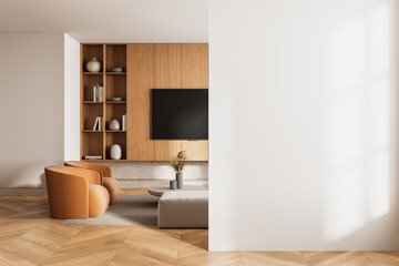 Minimalist interior with blank wall for mockup presentation. 3D Rendering