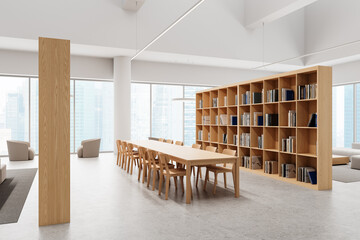 Modern office library with wooden furniture and bookshelves. 3D Rendering