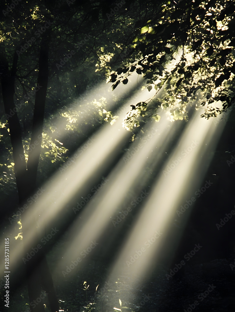 Poster Sunlit Forest with Rays of Light Filtering Through Trees Creating a Tranquil and Magical Atmosphere : Generative AI