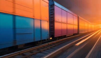 Naklejka premium Stacked cargo boxes on a moving train, with blurred motion creating a dynamic and vibrant scene