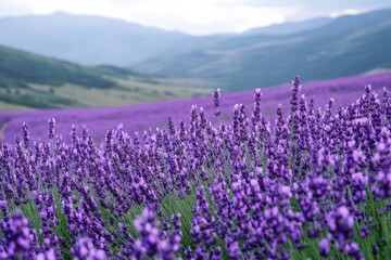 Obraz premium Lavender fields with mountain view under cloudy skies