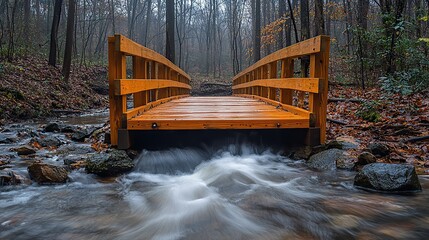 This scenic hiking trail features a wooden bridge over a rushing stream, inviting you on an adventurous hike through a beautiful forest with rushing water