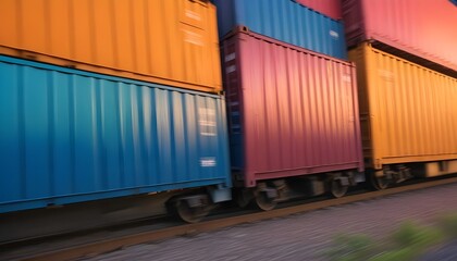 Fototapeta premium Multicolored freight containers on a moving train, with blurred motion creating a dynamic and vibrant scene