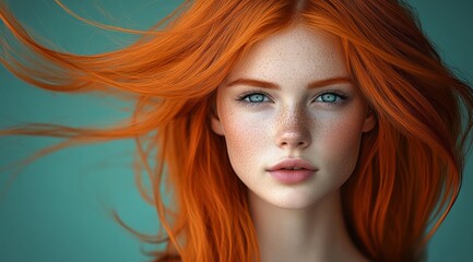 Naklejka premium Woman with long red hair and blue eyes. She has a light pink lip color. The image has a bright and lively mood