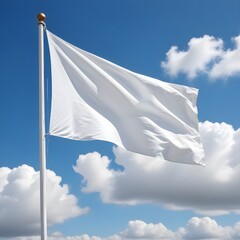 A large white flag waving against a blue sky with fluffy white clouds