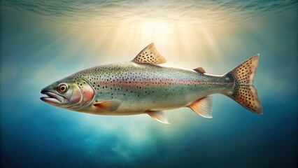 A vibrant rainbow trout gracefully glides through the sunlit depths of a pristine underwater realm