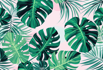 tropical leaves in various shades of green, arranged in a repeating design against a pink background.