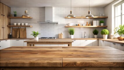 Rustic Wooden Tabletop in a Bright and Airy Kitchen Setting with Modern Farmhouse Style Decor