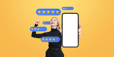 Woman holding smartphone with blank screen and floating rating s