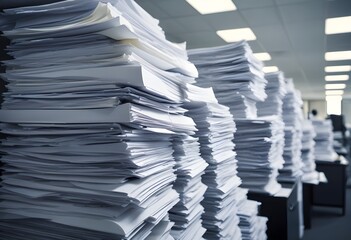 Stacks of paperwork and documents in an office environment