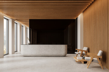 Modern reception area with wooden ceiling and slatted wall. 3D Rendering