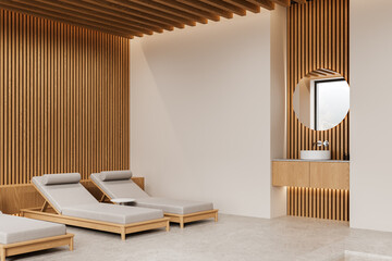 Modern spa relaxation area with wooden elements and neutral tones. 3D Rendering