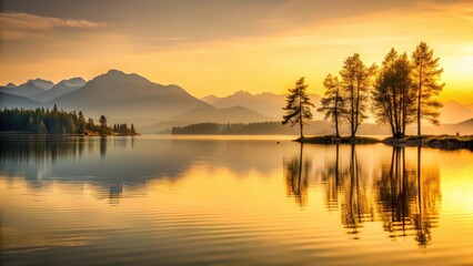 Fototapeta premium Golden Hour Serenity Majestic Mountains Reflected in Tranquil Lake Waters at Sunrise
