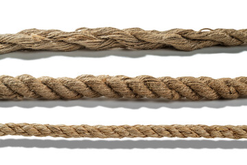 Closeup view set of various straight ropes string isolated over white background