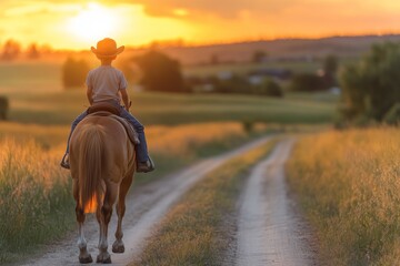 Boy riding a horse down a dirt road at sunset in a peaceful rural landscape