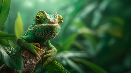 Fototapeta premium Closeup photograph of a chameleon clinging to a tree branch in a dense lush jungle The reptile s skin perfectly blends into the surrounding foliage showcasing its incredible camouflage abilities