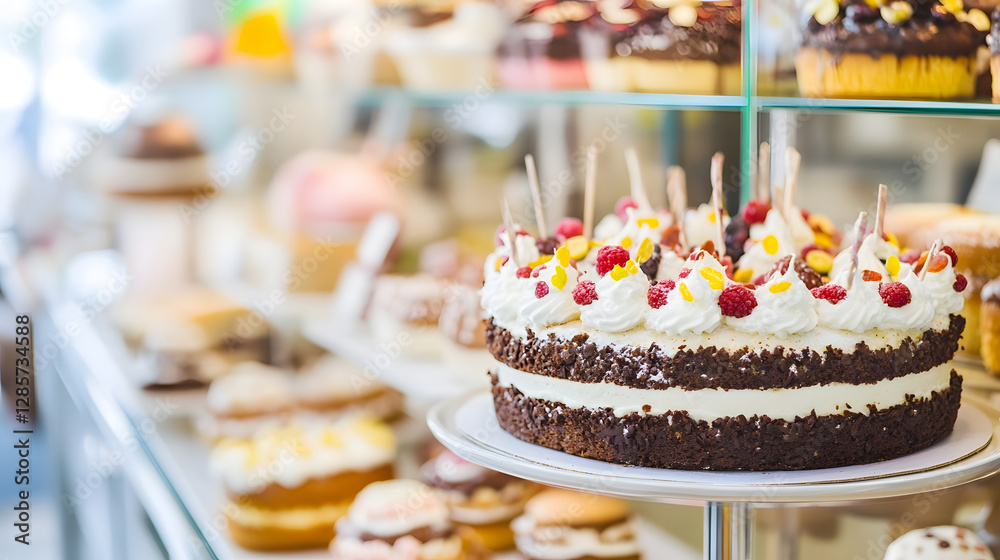Aufkleber assorted gourmet cakes in bakery display with colorful decorations : generative ai