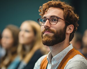 A thoughtful man with glasses is looking upwards at the right