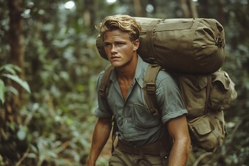 A young man hiking with a heavy backpack in the forest