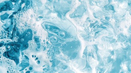 Naklejka premium Transparent blue clear water surface texture with ripples, splashes and bubbles. Abstract summer banner background Water waves in sunlight with copy space Cosmetic moisturizer micellar toner emulsion