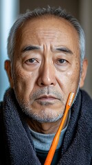 An elderly man is holding a toothbrush near his chin