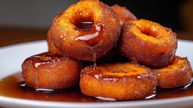 Delicious peruvian picarones doughnuts peru food photography warm kitchen close-up sweet treats