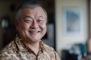 Obraz premium Mature asian male smiling indoors with patterned shirt